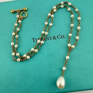 RARE Vtg. Tiffany & Co. 18k Pearl Twist Lariat Necklace 16" Yellow Gold